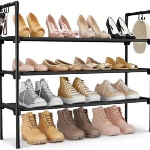 LANTEFUL 3 Tier Shoe Rack for Closet, Shoe Organizer with 5 Hooks